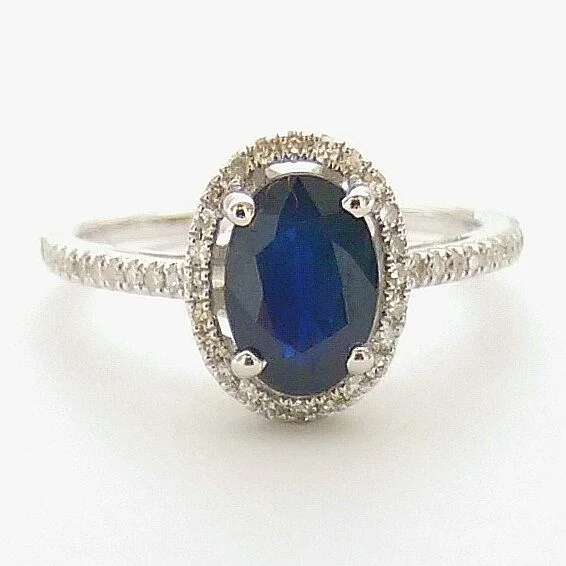 Custom Promise Ring for Women-5X7MM Oval Blue Sapphire and Diamond Halo Ring in 14KT White Gold