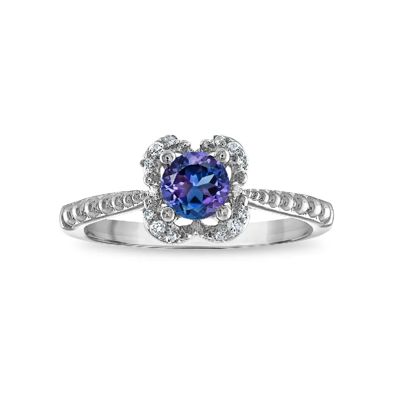 Diamond Ring for Women-5MM Round Alexandrite and White Sapphire Birthstone Flower Halo Ring in Sterling Silver