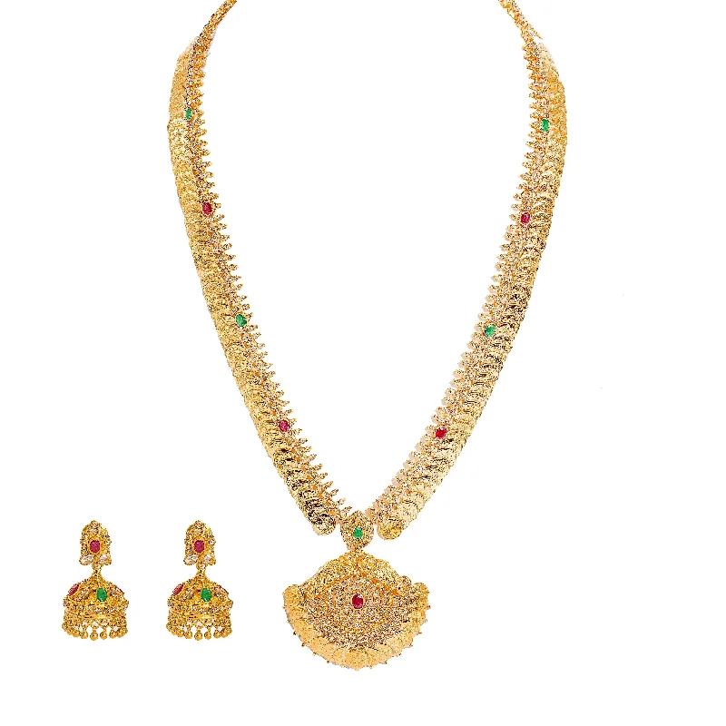 Fashionable Pendant Necklace-22K Yellow Gold Diamond Necklace & Jhumki Drop Earrings Set W/ 18.77ct Uncut Diamonds, Rubies, Emeralds, Laxmi Kasu & Large Eyelet Pendant