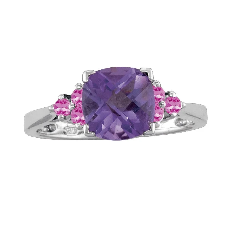 Diamond Halo Engagement Ring-8MM Cushion Amethyst and Pink Sapphire Ring in Sterling Silver