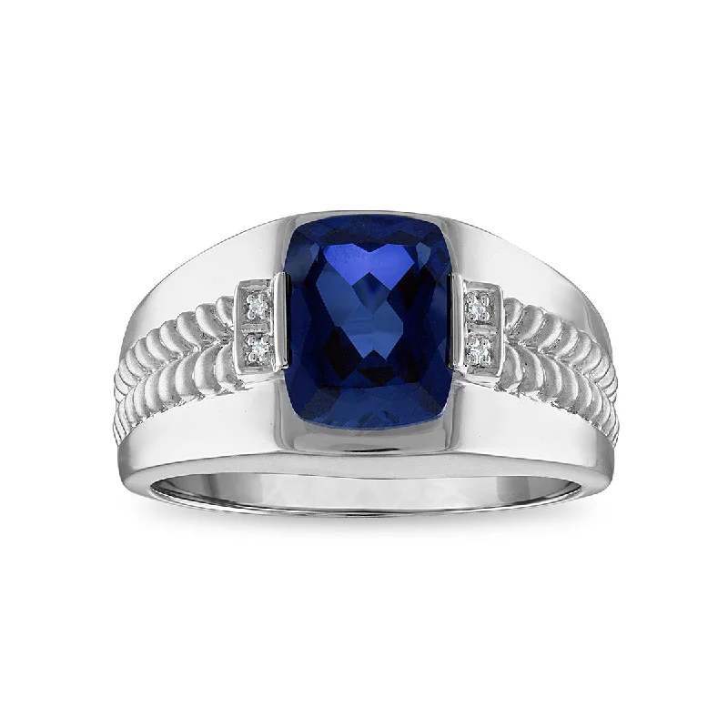 Men's Wedding Ring-10X8MM Created Blue Sapphire and Diamond Ring in Sterling Silver