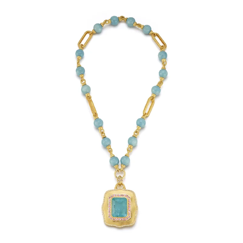 Bold Statement Necklace-Large Rectangular Link & Aqua Necklace