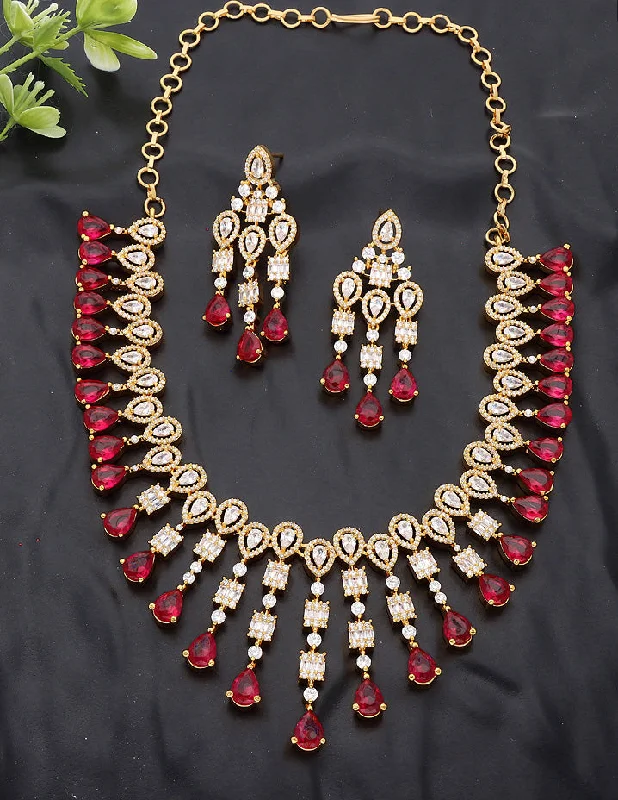 Personalized Pearl Necklace-Designer Gold Plated Zirconia Ruby Necklace Set