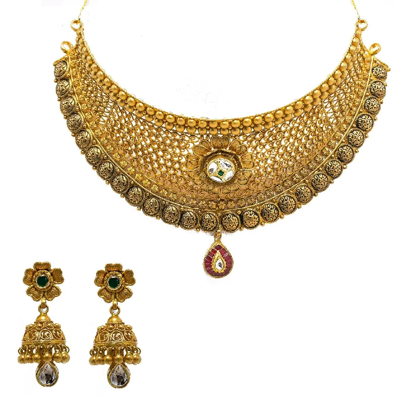 Crystal Pendant Chain Necklace-22K Yellow Gold Choker & Jhumki Earrings Set W/ Rubies, Emeralds, Kundan & Tear Drop Pendant