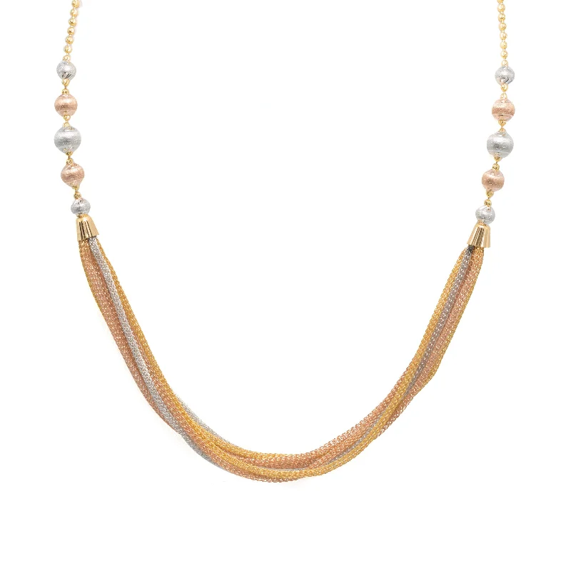 Women’s Fashion Necklace-22K Multi Tone Gold Ball Chain W/ Rose & White Gold Balls & Draped Wheat-Link Chains