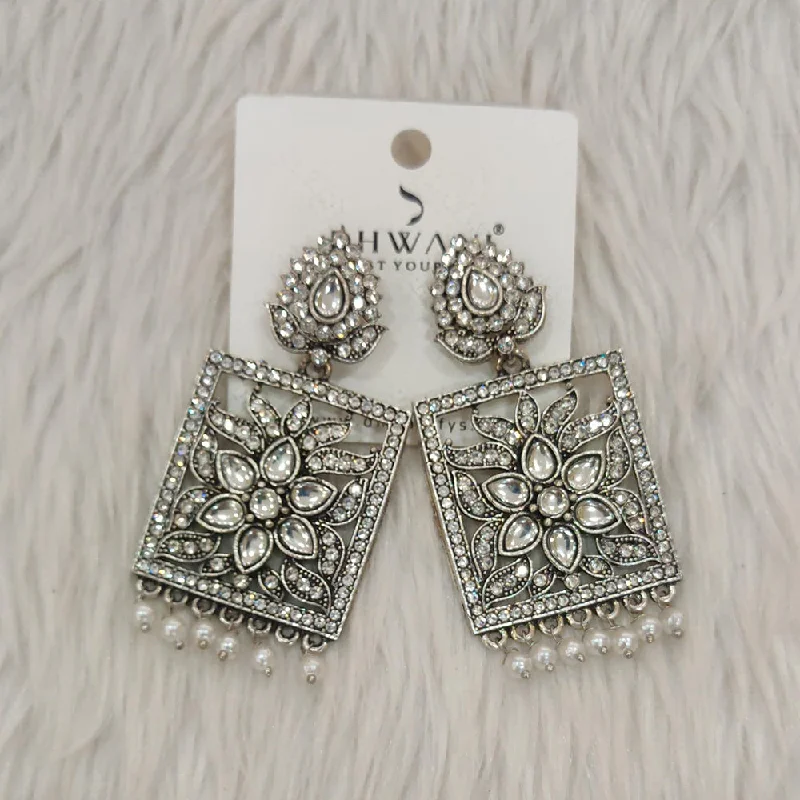 Retro Dangle Earrings-Dhwani Silver Plated Kundan Stone Dangler Earrings