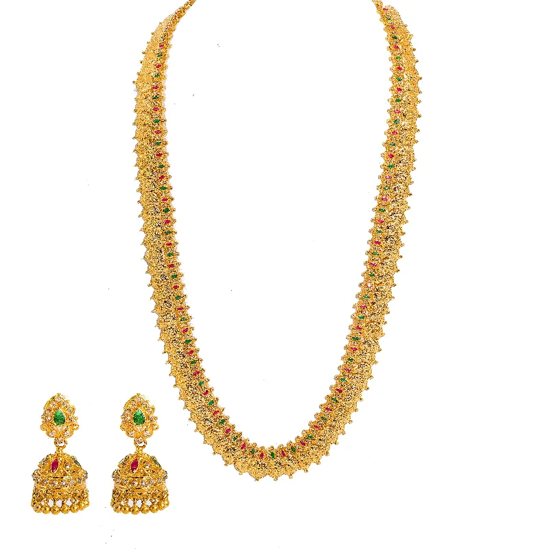 Layered Chain Pendant Necklace-22K Yellow Gold Diamond Necklace & Jhumki Drop Earrings Set W/ 8.03ct Uncut Diamonds, Rubies, Emeralds & Laxmi Kasu