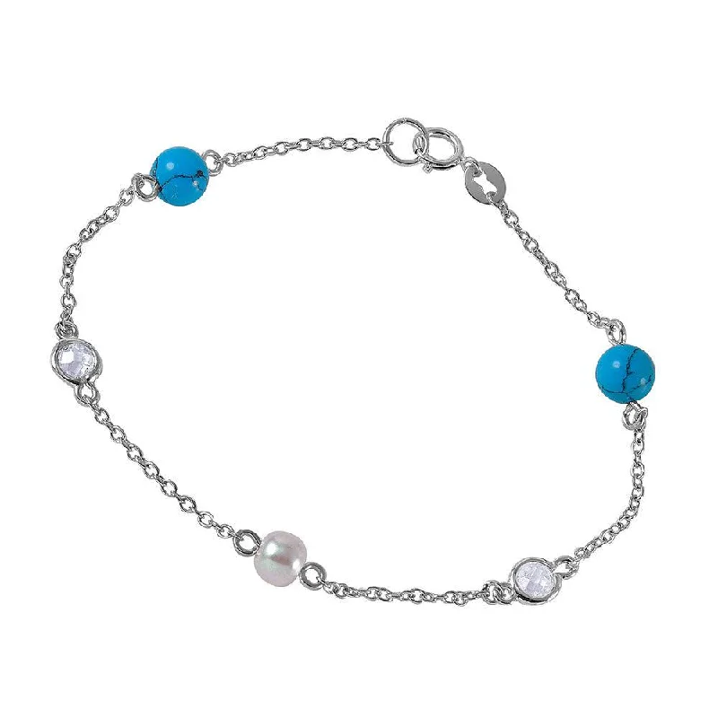 Rose Gold Stackable Bracelets-Silver 925 Link Bracelet with Turquoise Beads, Synthetic Pearl and CZ - BGB00259