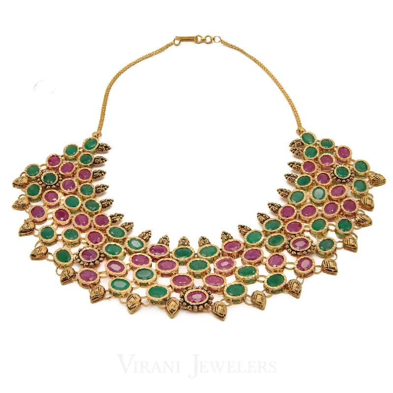 Ethnic Necklace for Women-Emerald & Ruby Statement Necklace and Earrings Set in 22K Yellow Gold