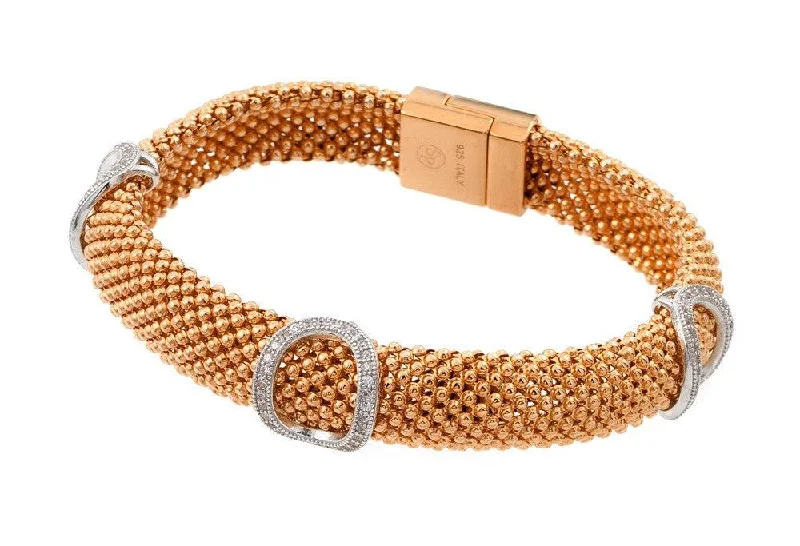 Unique Leather Bracelet for Women-Clearance-Silver 925 Gold Plated Micro Pave Oval Clear CZ Beaded Italian Bracelet - PSB00003RGP