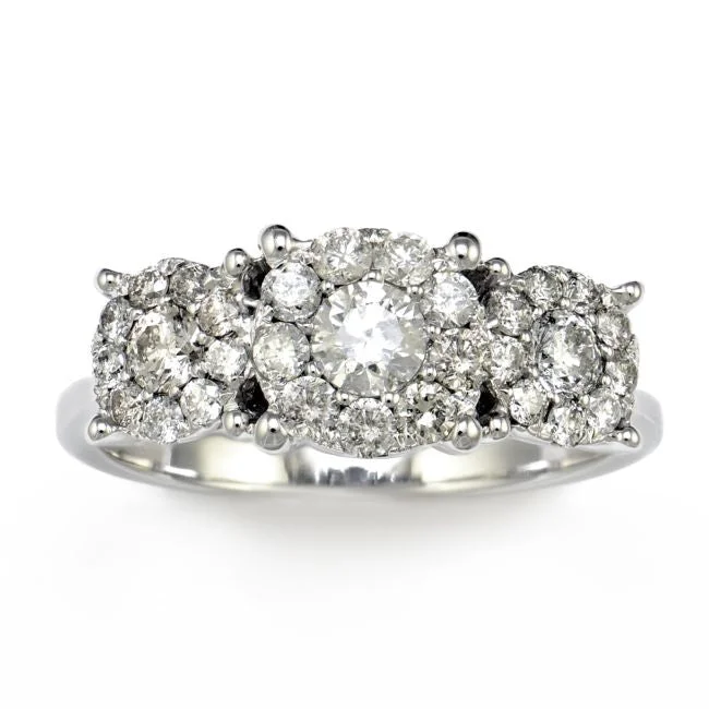 Bold Silver Band Ring-1/2 CTW Diamond Three Stone Cluster Ring in 14KT White Gold