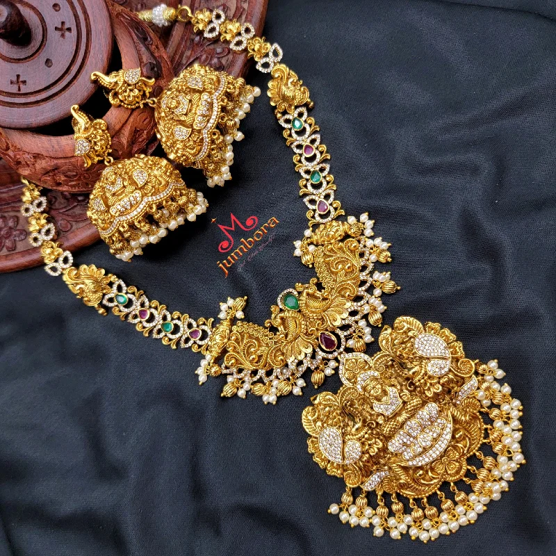 Long Necklace for Party-Nakshi 3D Zircon AD Peacock Lakshmi Necklace in Temple Jewelry