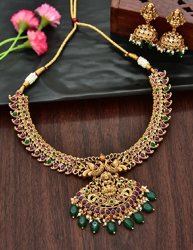 Retro Style Necklace-Designer Antique Kempu Necklace Set