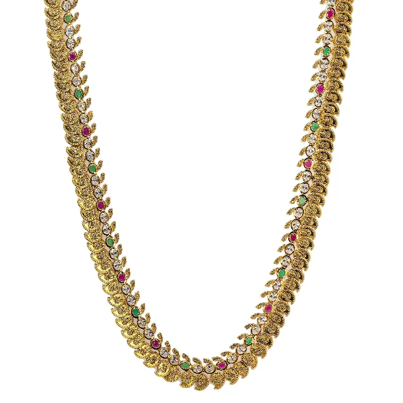 Birthstone Necklace for Women-22K Yellow Antique Gold Laxmi Mango Haaram Necklace W/ Rubies, Emeralds, Pachi CZ & Adjustable Drawstring Closure