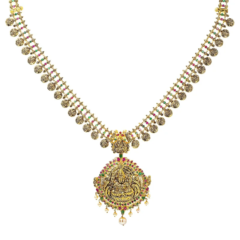 Vintage Pearl Necklace-22K Yellow Antique Gold Laxmi Kasu Haaram Necklace W/ Emeralds, Rubies, Pearls & Large Pendant