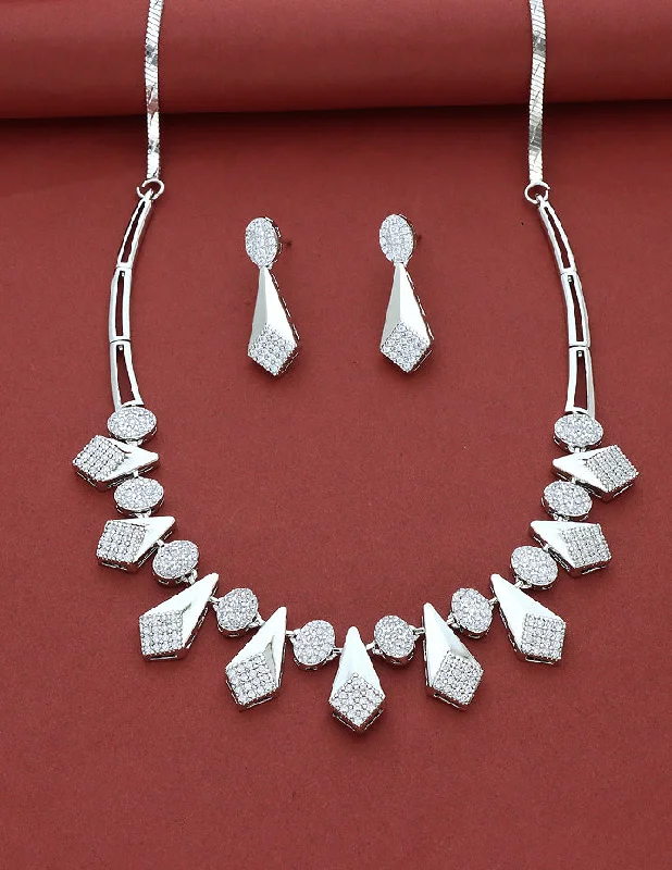 Simple Silver Pendant Necklace-Designer Rhodium Polish Zirconia Necklace Set