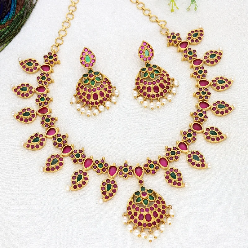 Statement Necklace for Wedding-Designer Kempu Necklace Set 104839