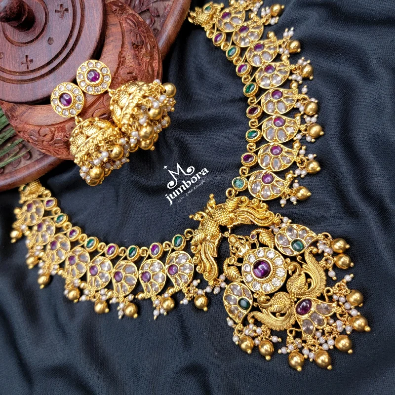 Custom Birthstone Necklace-Peacock Nakshi Kemp Lakshmi Necklace in Temple Jewelry