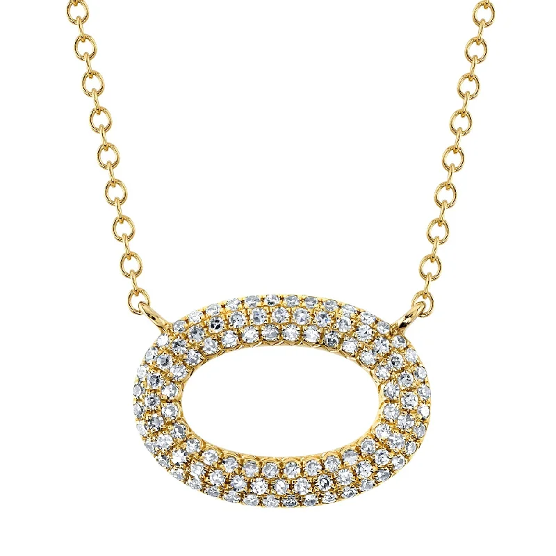 Pearl Necklace for Bride-14K Yellow Gold Diamond Pave Oval Necklace