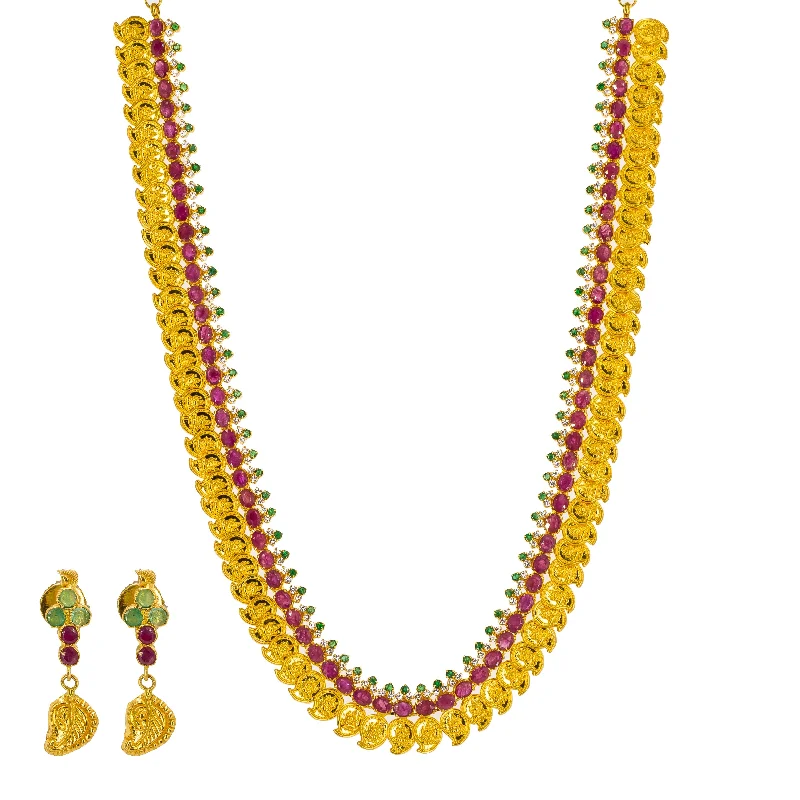 Chunky Gold Necklace-22K Yellow Gold Necklace & Earrings Mango Set W/ Rubies, Emeralds, CZ Gems & Laxmi Accents