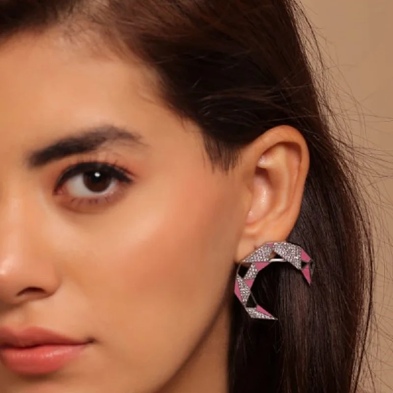 Long Dangle Earrings-Gaurish Croissant Silver Plated Pink Enamelled With Stones Stud Earrings