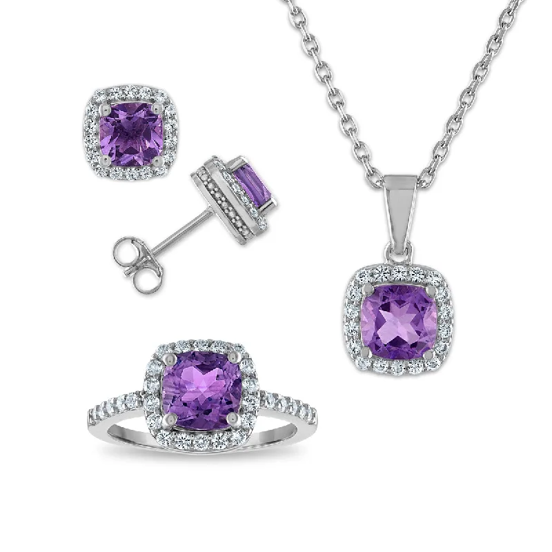 Custom Silver Engagement Ring-Amethyst and White Sapphire Ring Pendant Earrings Set in Sterling Silver