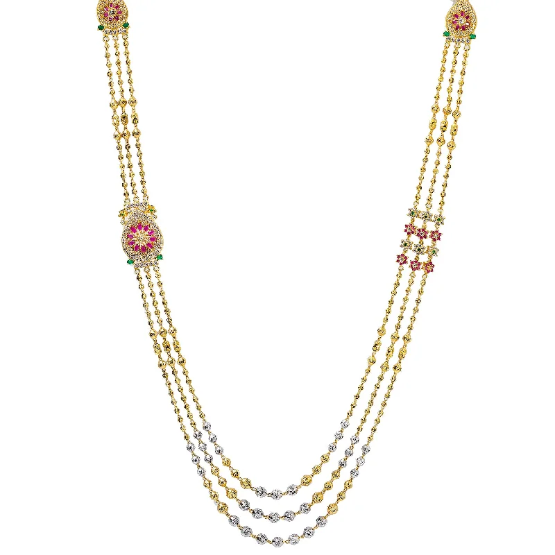 Thin Silver Necklace-22K Multi Tone Gold Layered Haaram Necklace W/ Rubies, Emeralds, CZ Gemstones & Triple Ball Strands