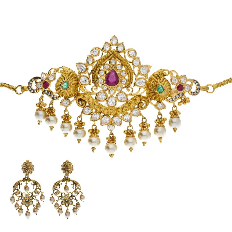 Fashionable Choker Necklace-22K Yellow Antique Gold 2-in-1 Choker/Vanki & Chandbali Earrings Set W/ Emerald, Ruby, Pachi CZ, Pearls & Lotus Flower Design