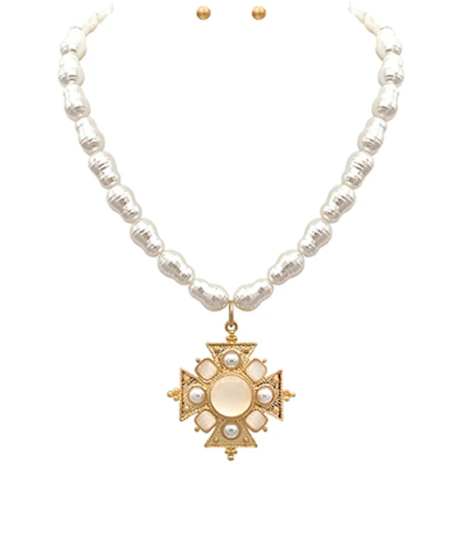 Retro Style Necklace-Maltese Cross and Pearl Bead Necklace Set