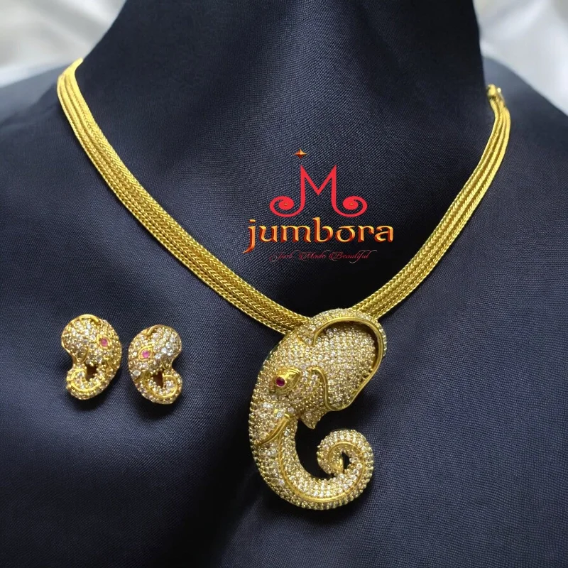 Designer Pearl Necklace-Ganesha White CZ Stones Antique Gold Necklace Set