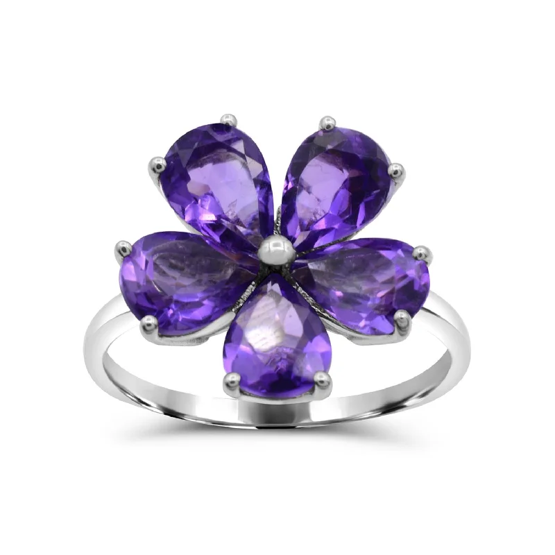 Designer Engagement Ring-7X5MM Pear Amethyst Flower Gem Stone Ring in Rhodium Plated Sterling Silver