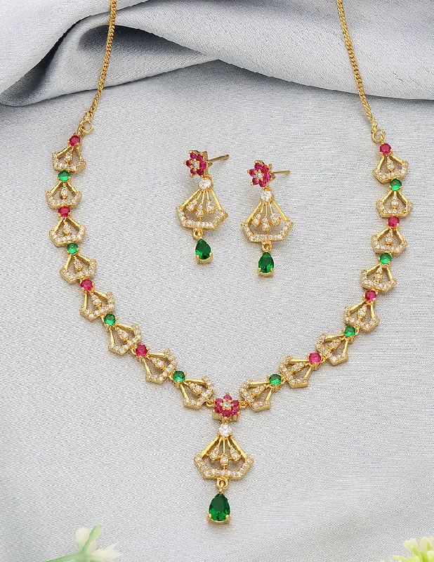 Modern Pendant Necklace-Floral Design Gold Zirconia Necklace Set