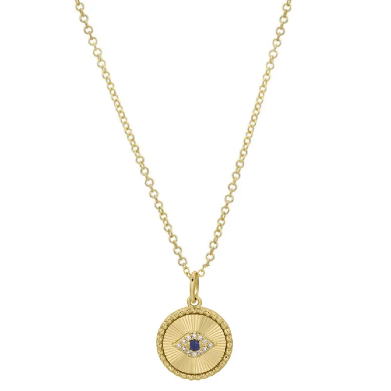 Simple Gold Chain Necklace-Fluted Medallion Sapphire Evil Eye Necklace