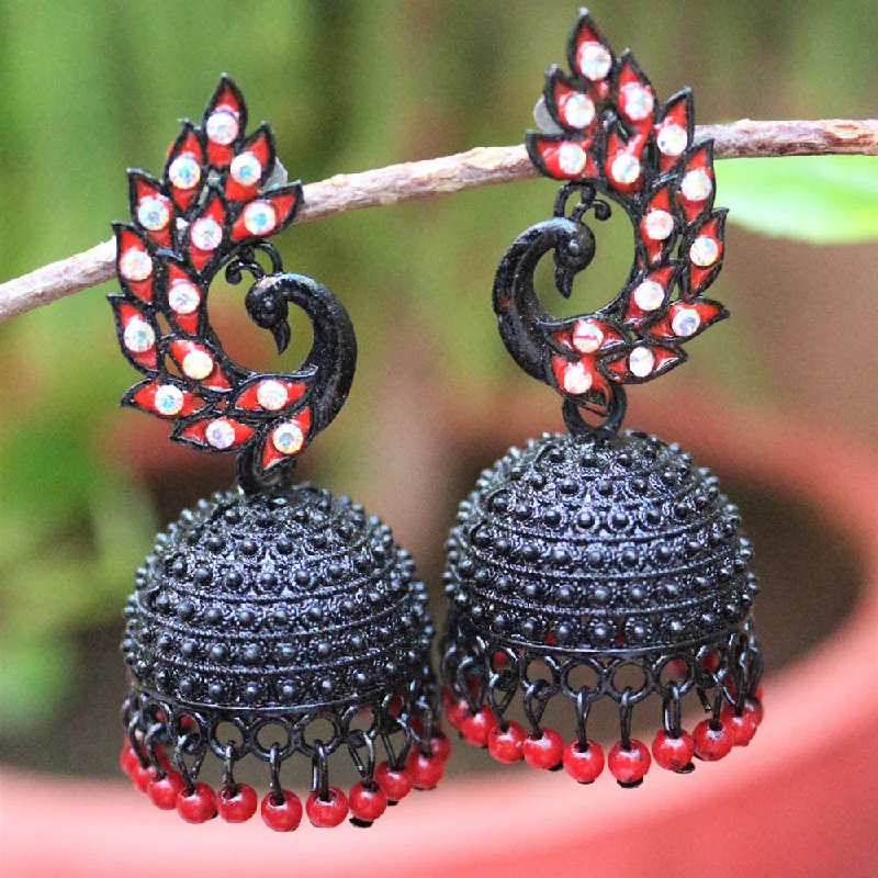 Colorful Gem Earrings-H K Fashion Black Polish Austrian Stone Jhumki Earrings