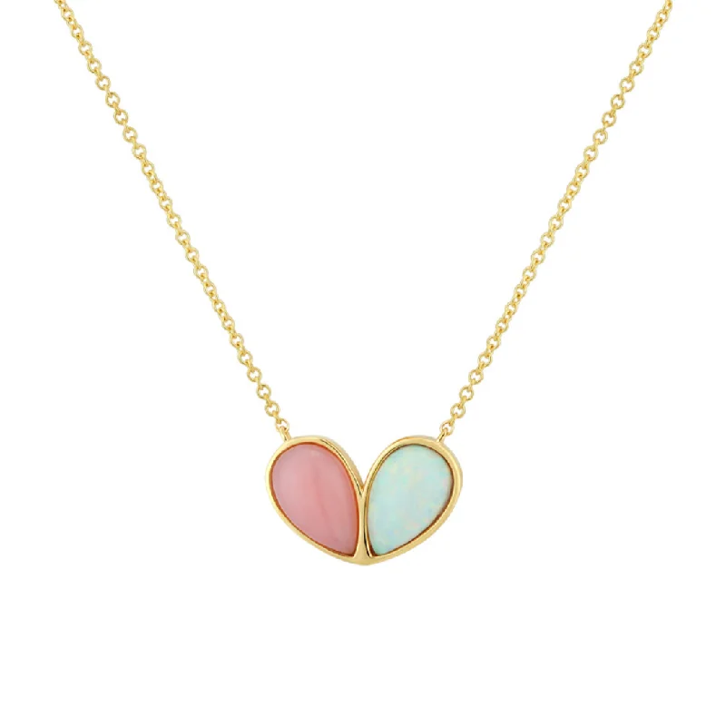 Luxury Pendant Necklace-Two Stone Heart Necklace Pink Opal White Opal