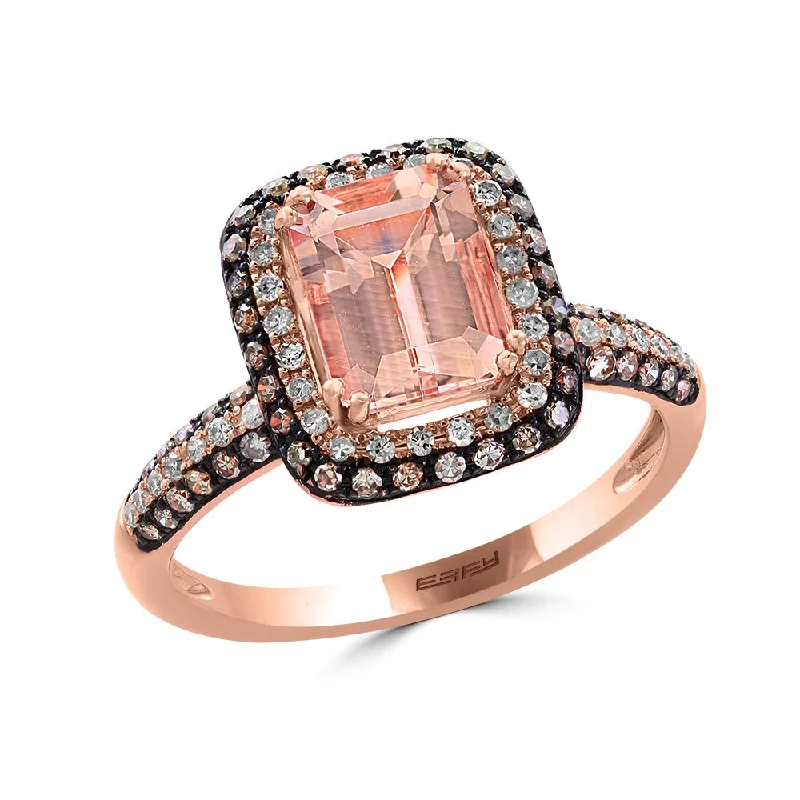 Promise Ring for Couple-EFFY 8X6MM Emerald Shape Morganite and Diamond Gem Stone Halo Engagement Ring in 14KT Rose Gold