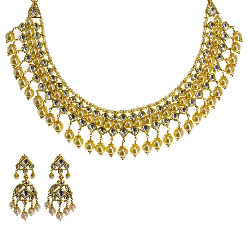 Women’s Engagement Necklace-22K Yellow Gold Kundan Necklace & Earrings Set W/ Hanging Pearls, 104.1g