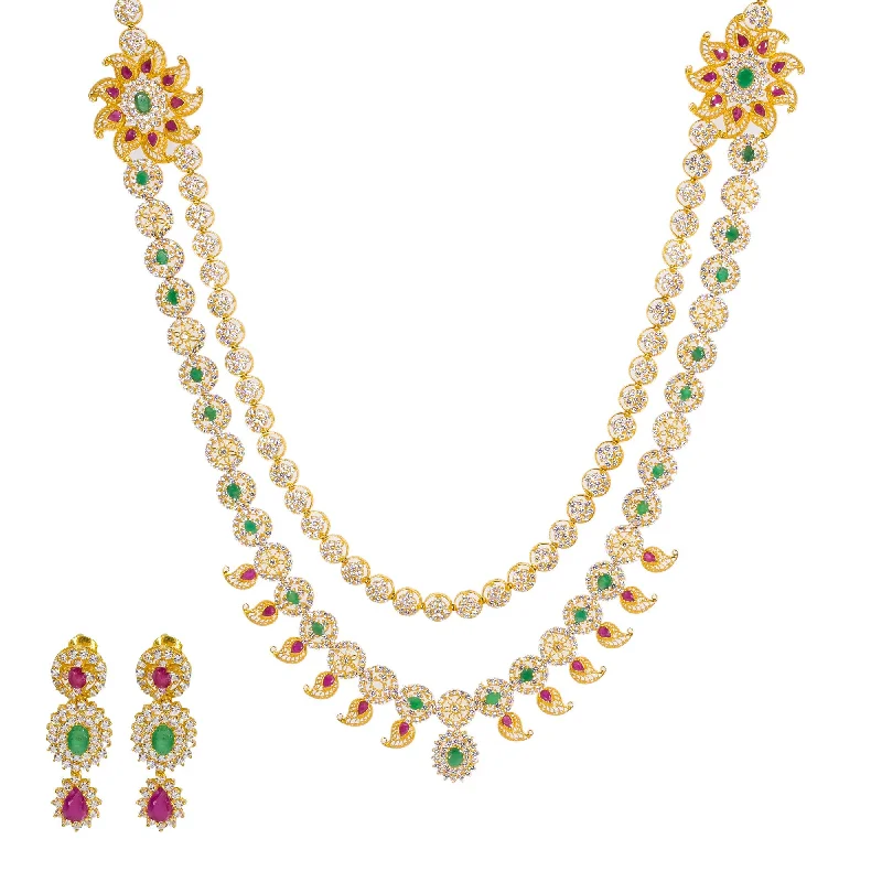 Personalized Birthstone Necklace-22K Yellow Gold Long Necklace & Earrings Set W/ CZ, Emeralds, Rubies & Encrusted Mango Accents