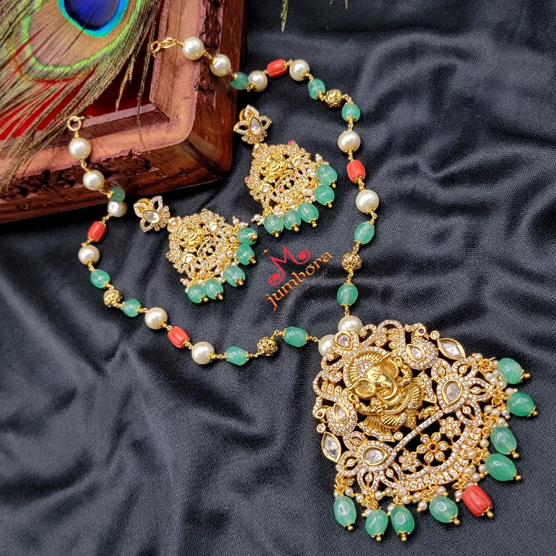 Colored Stone Necklace-Coral, Pearl, and Emerald Green Beads Ganesha AD Zircon (CZ) Temple Jewelry Necklace Set