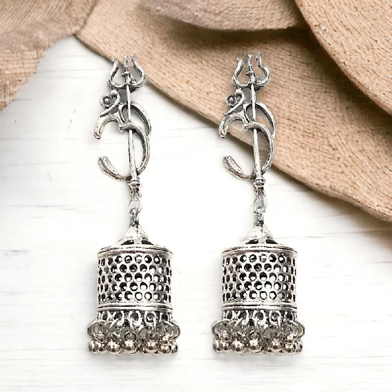 Natural Stone Earrings-Bevy Pearls Oxidised Plated Om Designs Jhumki Earrings