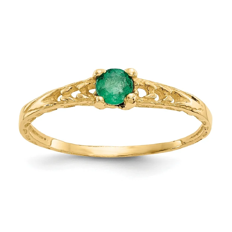 Stackable Rings for Women-14KT Yellow Gold 3MM Round Emerald Birthstone Baby Ring; Size 3