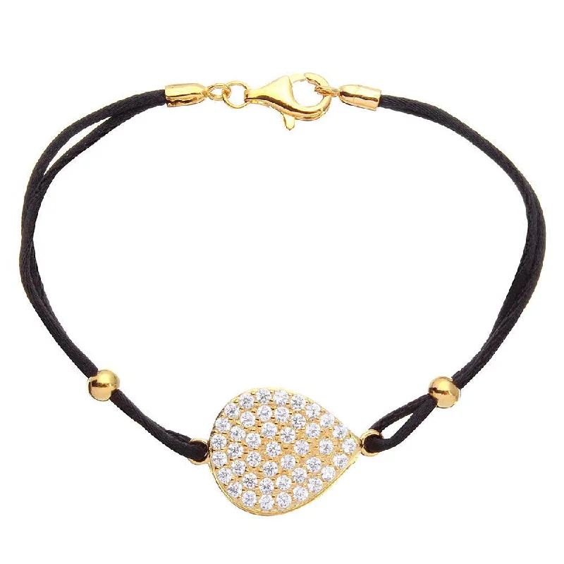 Retro Style Bracelet-Gold Plated 925 Sterling Silver CZ Encrusted Disc on a Black Cord Bracelet - BGB00280