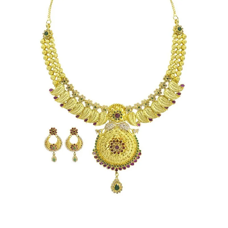 Simple Gold Pendant Necklace-22K Yellow Gold Necklace & Earrings Set W/ CZ, Ruby, Emerald & Mango Leaves on Collar Necklace