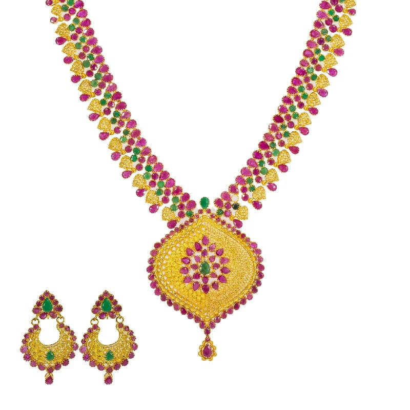 Bohemian Pendant Necklace-22K Yellow Gold Long Necklace & Chandbali Earrings Set W/ Rubies & Emeralds