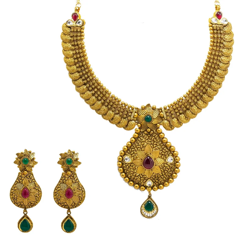 Vintage Diamond Necklace-22K Yellow Gold Temple Necklace & Earrings Set W/ Rubies, Emeralds, Kundan, Mango Accents & Large Pear Shaped Pendants