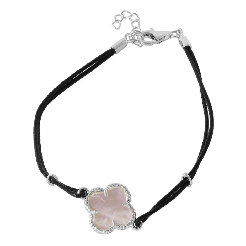 Personalized Friendship Bracelet-Silver 925 Mother of Pearl Clover on Leather Strap Bracelet - BGB00154