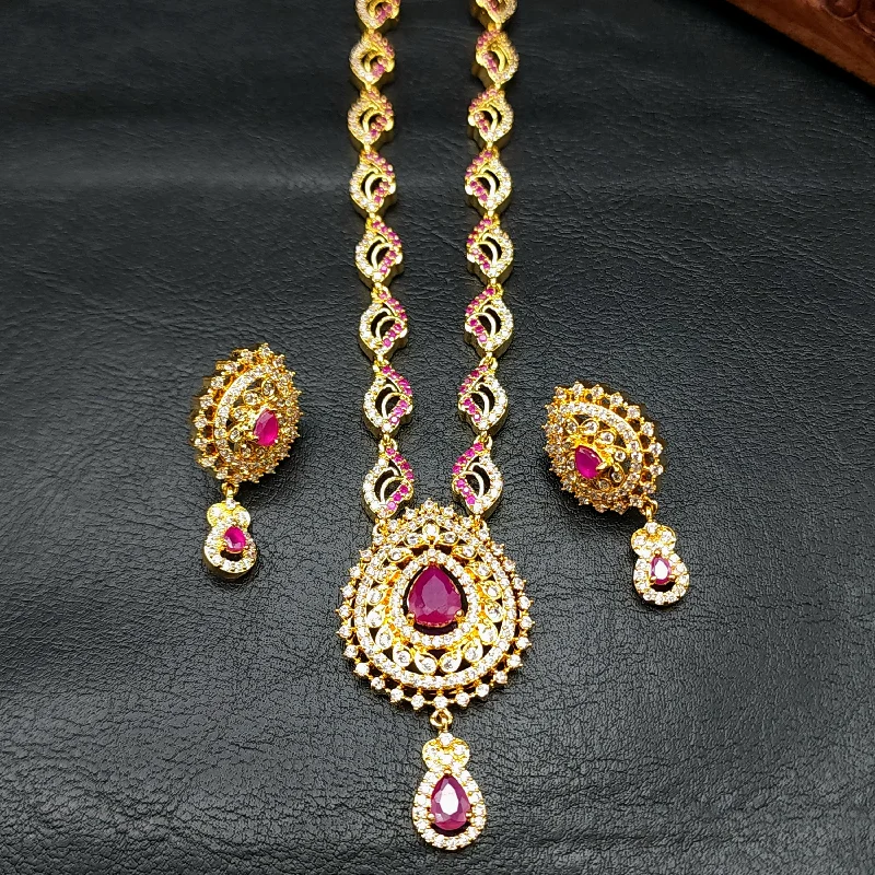 Rose Gold Necklace for Women-Ruby Red & White AD Zircon CZ Necklace Set