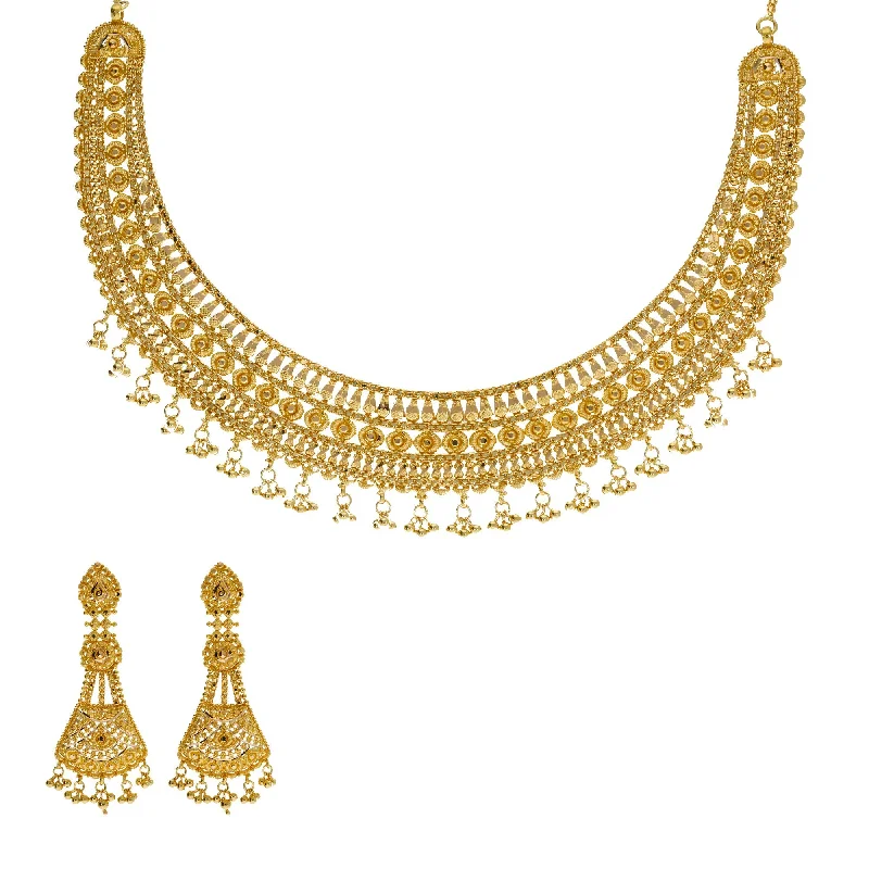 Geometric Pendant Necklace-22K Yellow Gold Necklace & Earrings Set W/ Beaded Filigree & Egyptian Collar Design