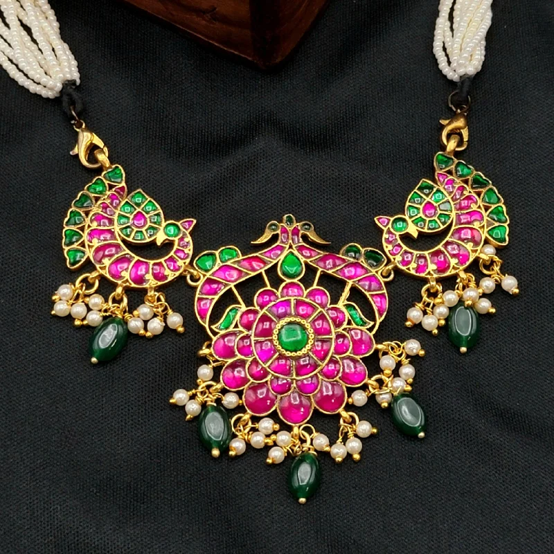 Multi-Layer Necklace-Peacock Floral Jadau Kundan Necklace with Pearl Mala