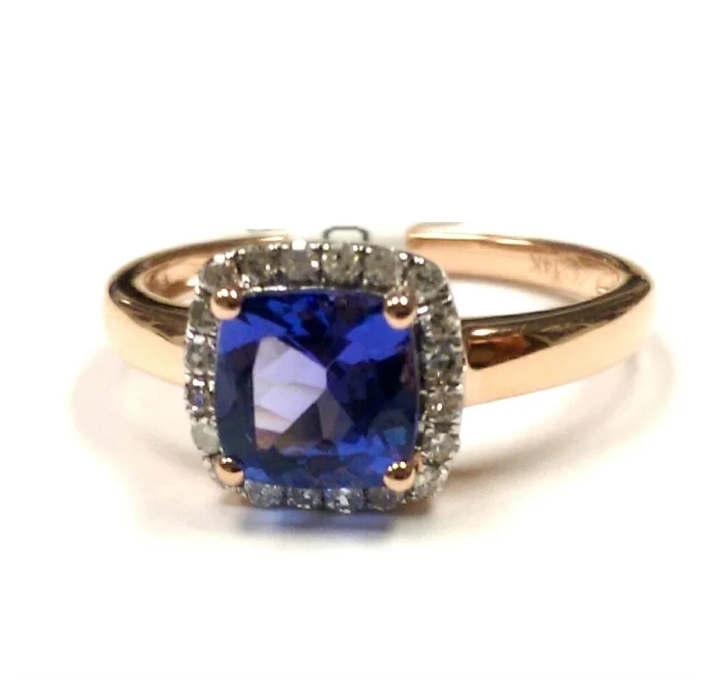 Round Cut Diamond Ring-6MM Cushion Tanzanite and Diamond Ring in 14KT Rose Gold